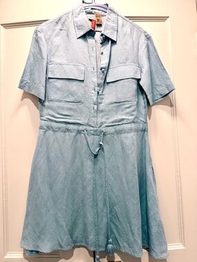 Never A Wallflower Light Blue Linen Short-Sleeve Shirt Dress, Drawstring Waist